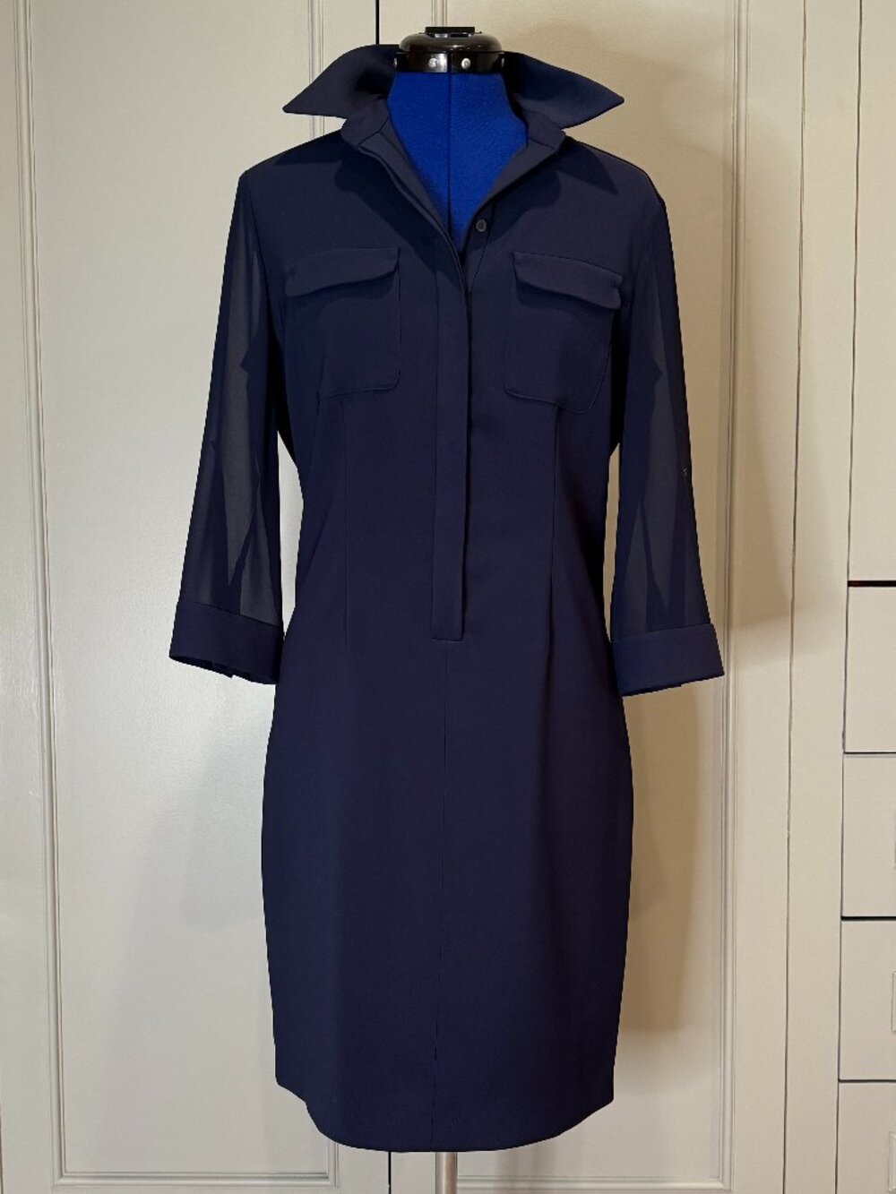 Tahari Navy Shirt Dress with Sheer Sleeves, Size 6, NWT